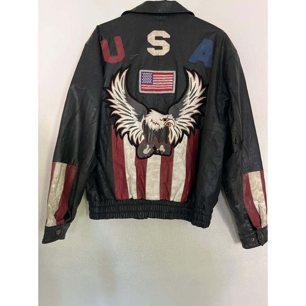 American Rider Jacket Mens S Black Leather USA Eagle Flag Biker Motorcycle Flaw